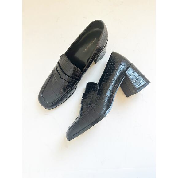 NWOB Ann Taylor Croc Embossed Leather Block Heel Loafer Pumps Black 7.5 - Picture 2 of 6